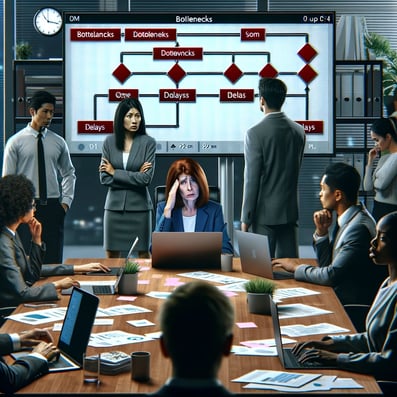 DALL·E 2024-04-15 08.21.35 - A corporate office scene depicting bottlenecks in a project portfolio context. The image shows a stressed manager, a middle-aged Caucasian woman, stan